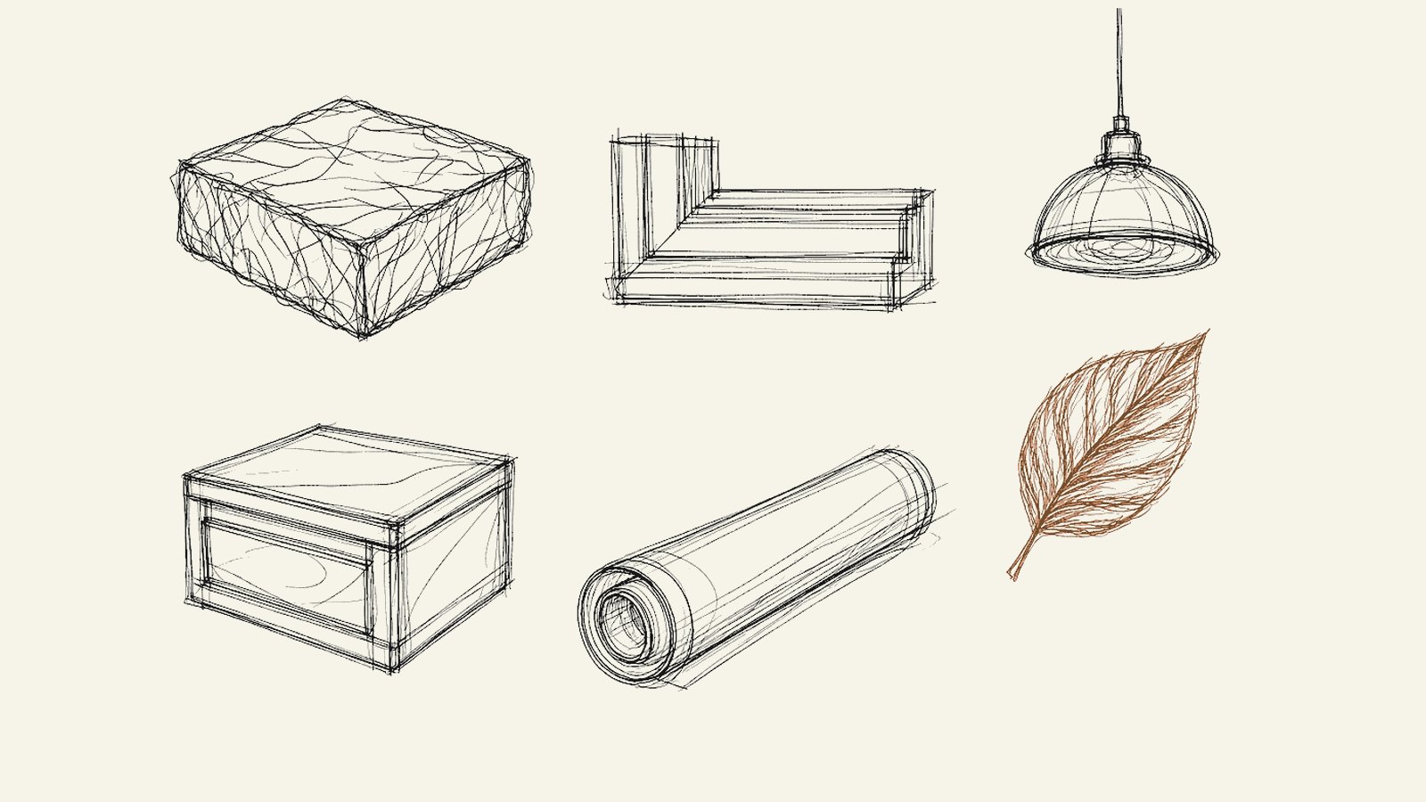 Ilustração de materiais, mobiliário, iluminação e natureza